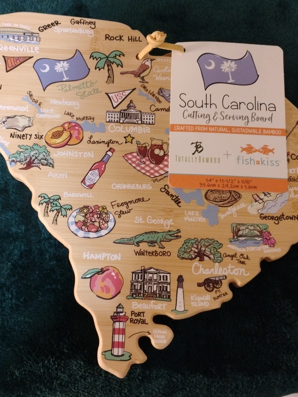 NWT South Carolina Bamboo Cutting & Serving Board - Illustrated Multicolored Map
